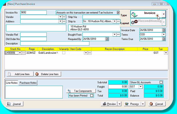 Purchase Invoice with Reconditioning Layout