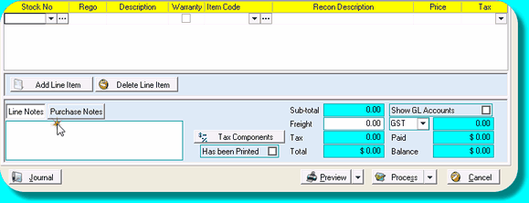 Purchase showing Notes fields